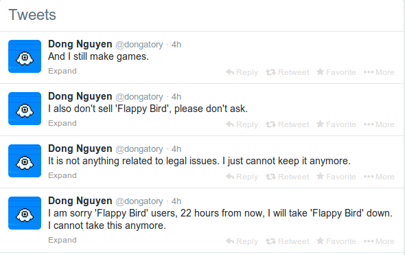 Snapshot of Dong Nguyen's tweets highlighting about taking down Flappy Bird