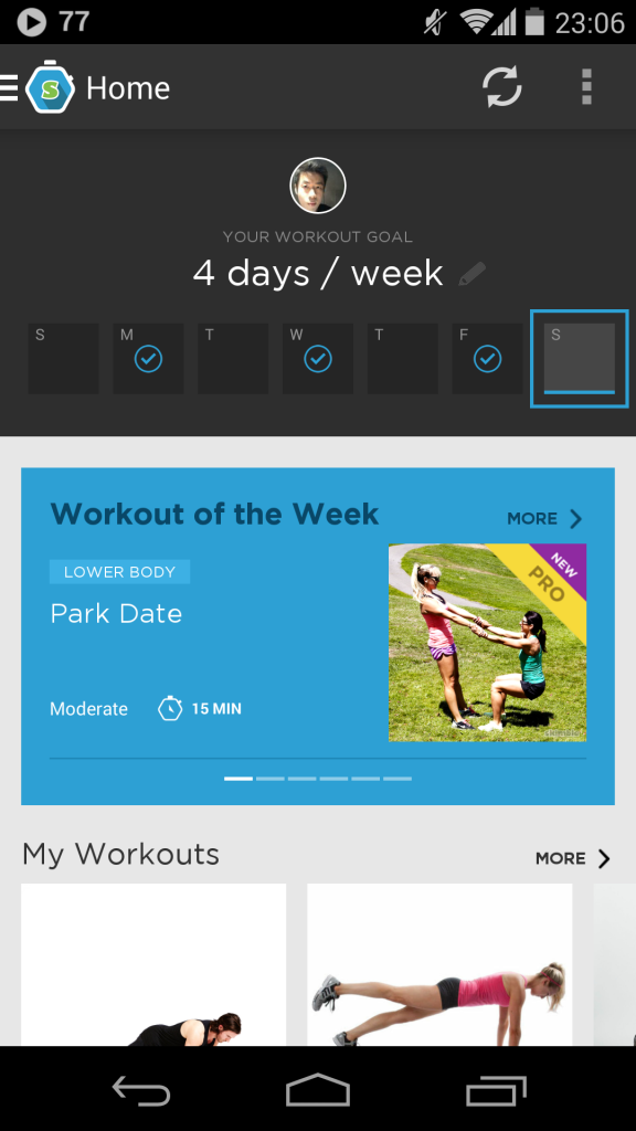 Workout Trainer's homepage on Android showing workout progress, workout of the week and my workouts.