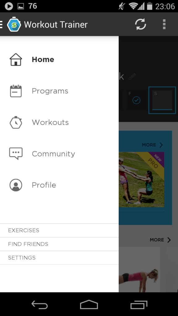 Skimble's Workout Trainer using vertical sliding menu from the left of the screen